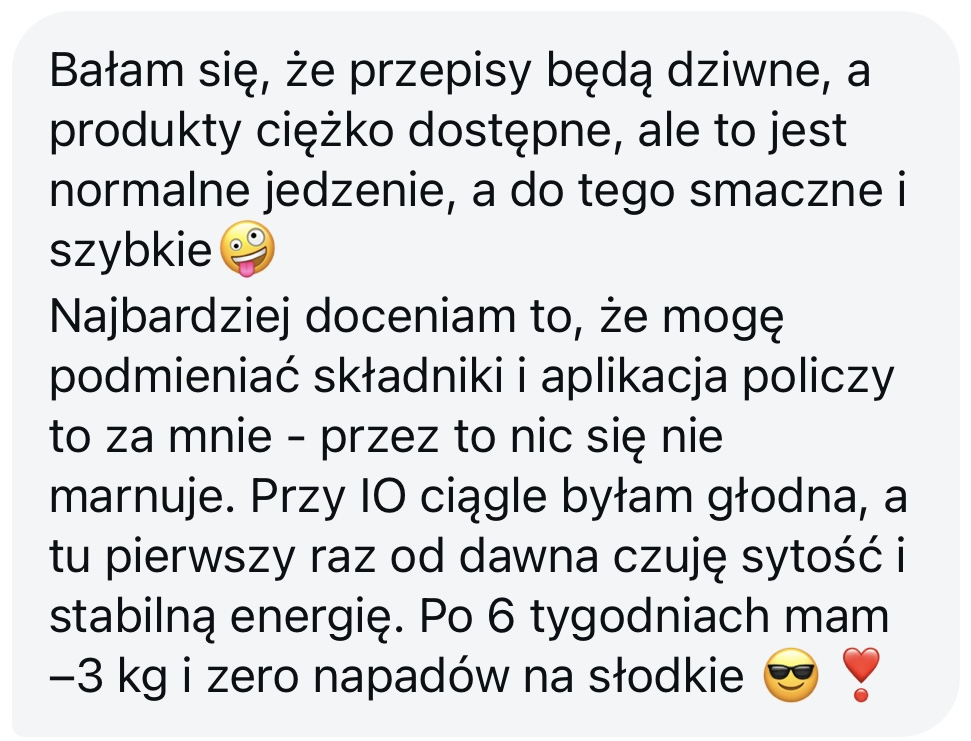 Prawdziwa wiadomość z opinią użytkowniczki aplikacji Jesz co chcesz 2 &mdash; 1 z 14