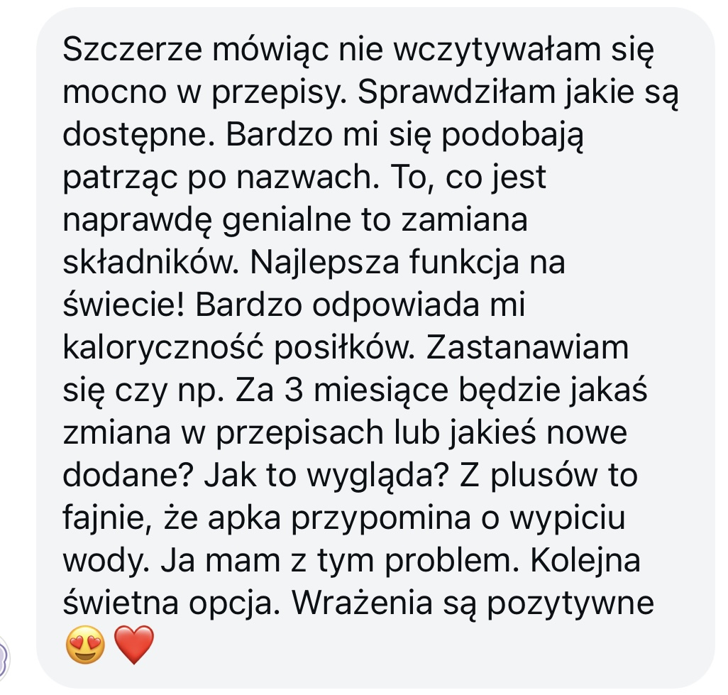 Prawdziwa wiadomość z opinią użytkowniczki aplikacji Jesz co chcesz 2 &mdash; 5 z 14